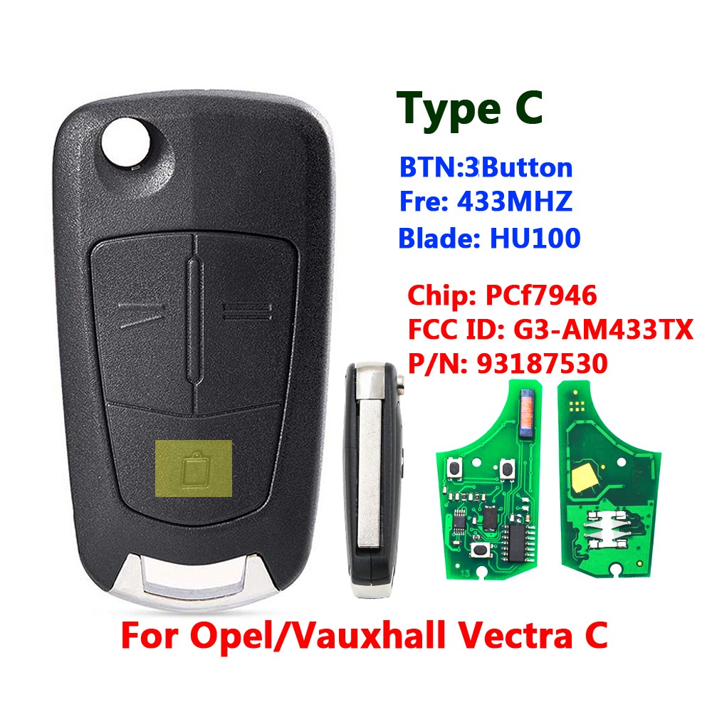3 Button Flip Remote Key 433Mhz For Opel Astra With Vectra C Chip HU100 ...